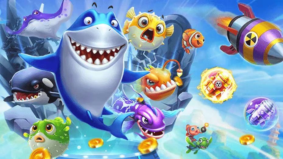 ฉากเกมยิงปลาที่มีปืนใหญ่และปลาในโลกใต้ทะเล
